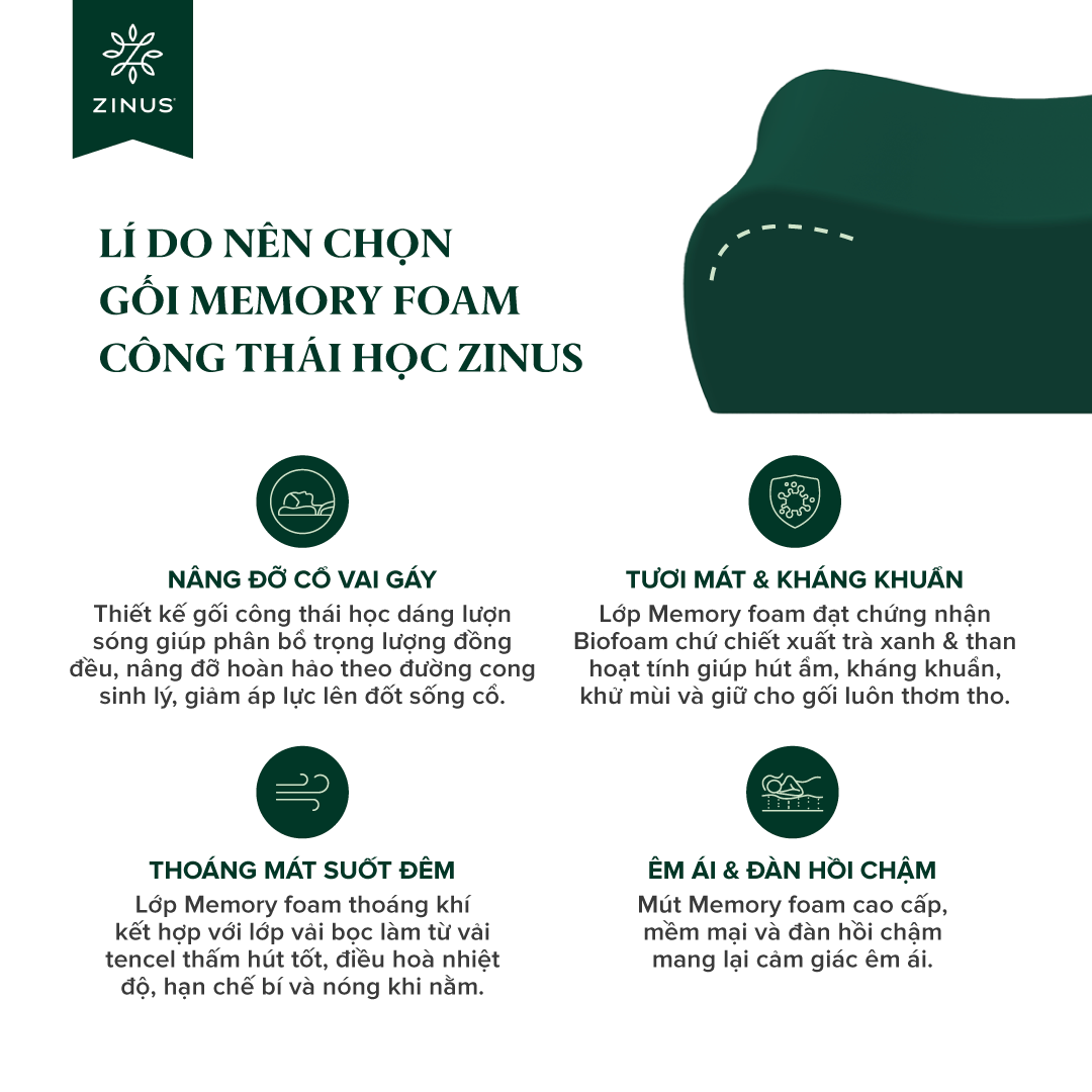 Gối Cao Su Non Công Thái Học Hỗ Trợ Giảm Đau Cổ Vai Gáy - Zinus Contour Pillow Memory Foam