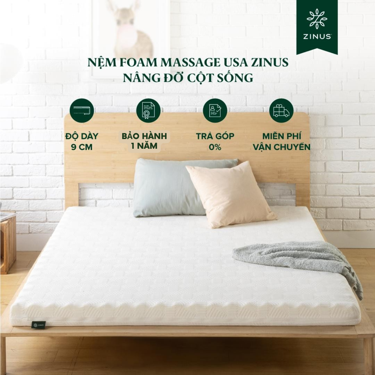 Nệm Foam Massage USA Zinus 9cm - Nâng Đỡ Cột Sống, Giảm Nhức Mỏi Toàn Thân & Thoáng Khí