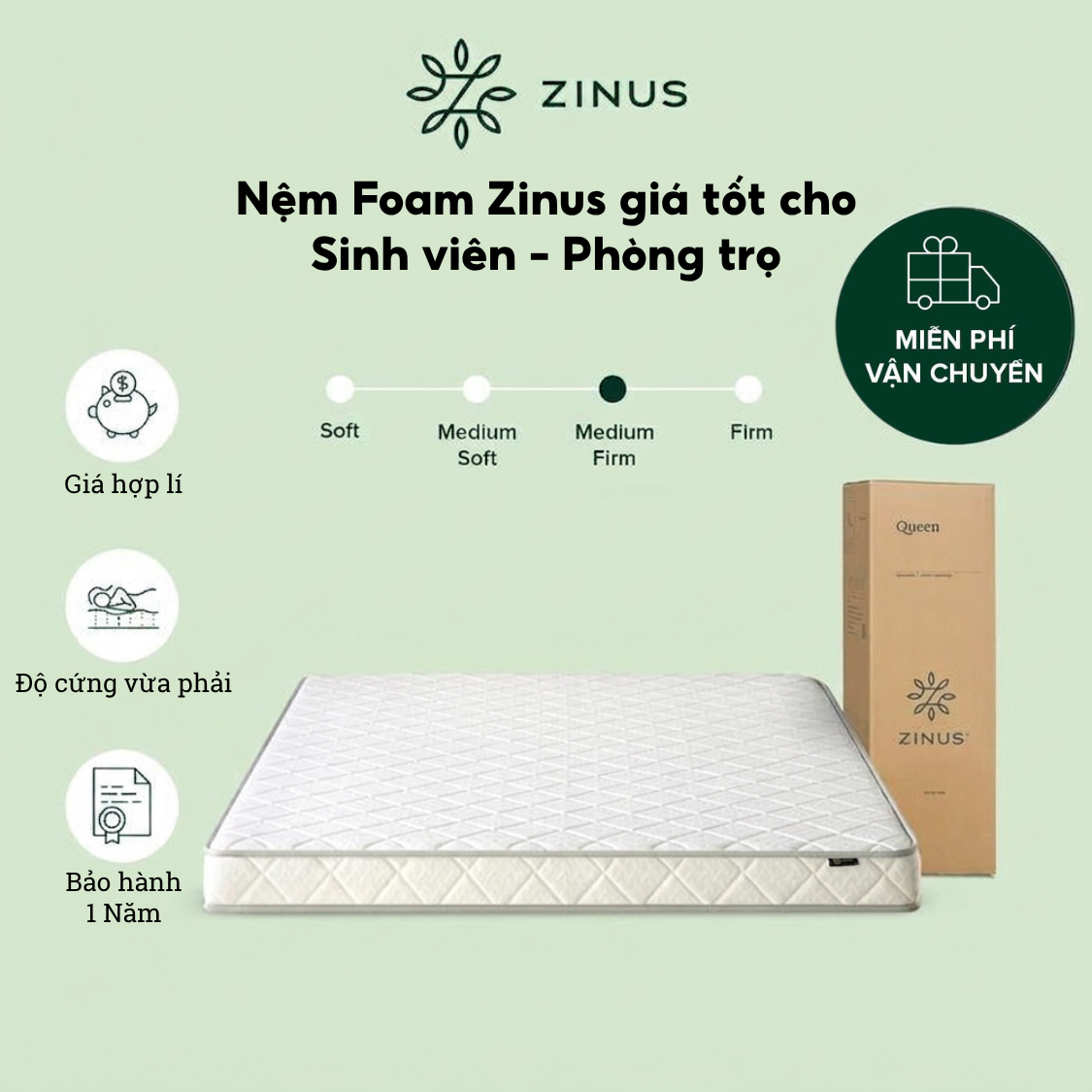 Nệm Foam Viscolatex Zinus 12cm Đàn Hồi Tốt Hỗ Trợ Cột Sống - 5in Foam Viscolatex Mattress Zinus