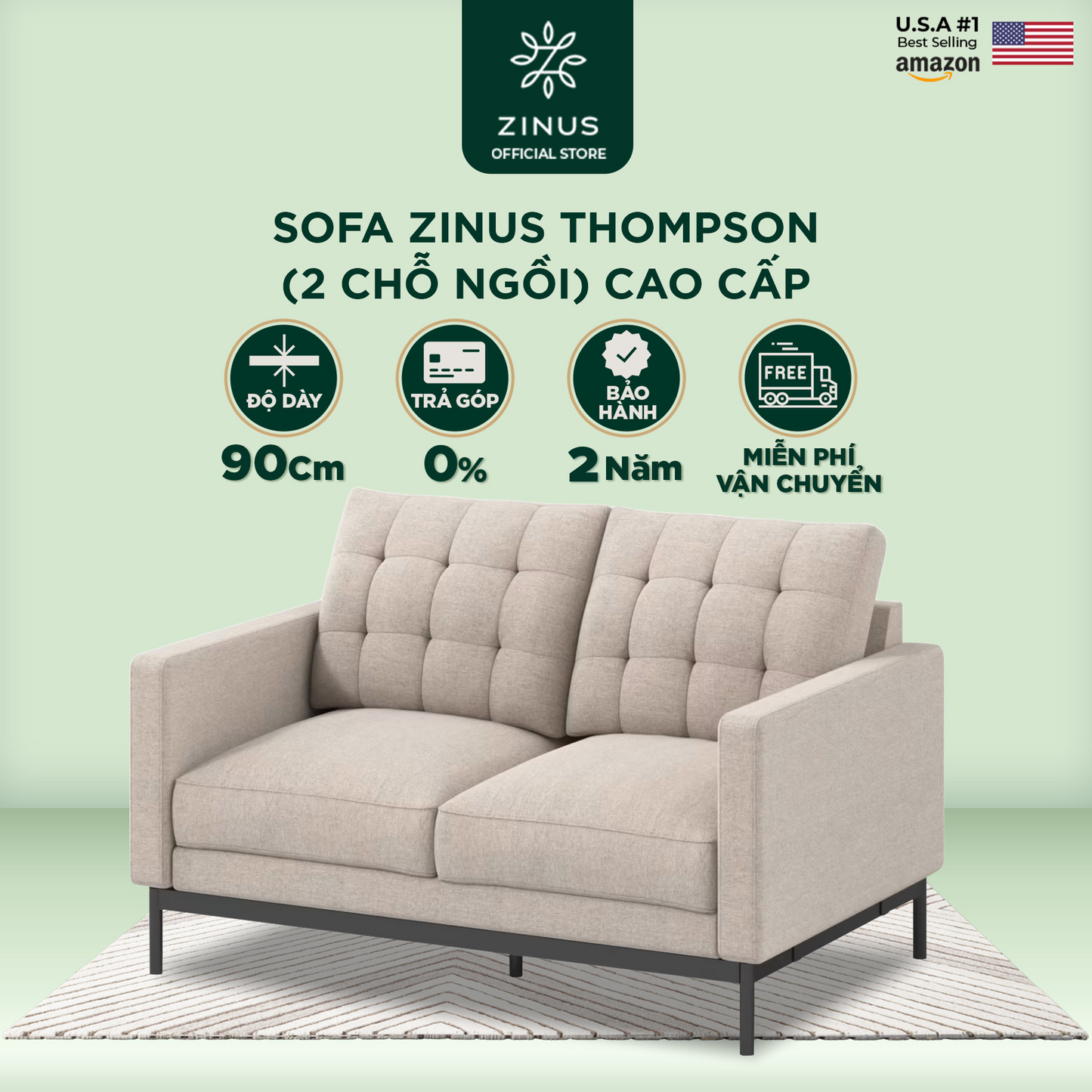 Ghế Sofa Zinus Thompson (2 Chỗ Ngồi)  - Zinus Sofa 2 Seater Sofa Beige