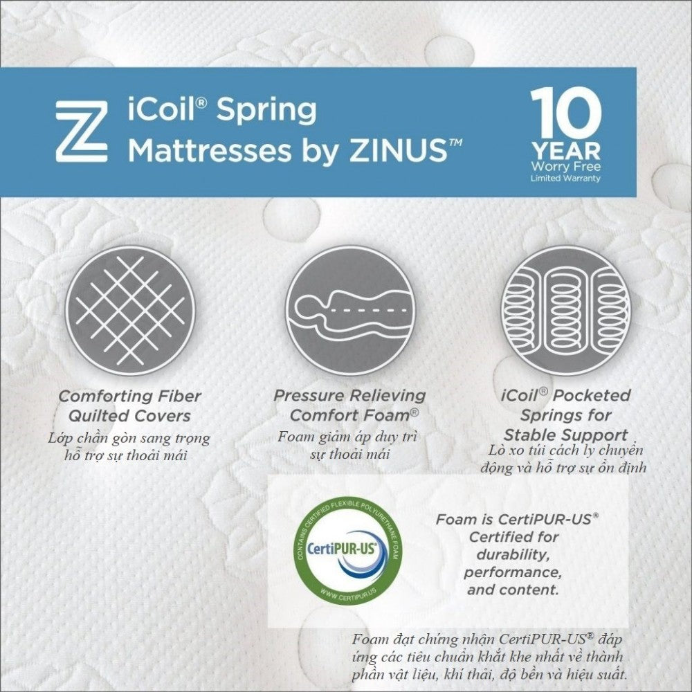 Nệm Lò Xo Trị Liệu Cao Cấp Dày 30cm Zinus - 12in iCoil Premium Spring Mattress